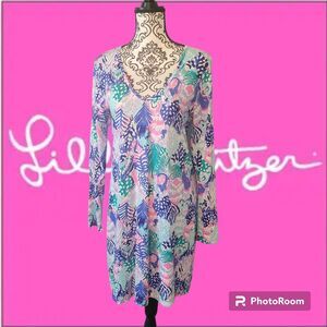 Lilly Pulitzer Marlowe Boatneck Dress M In The Vibe Blue Purple Palm Leaf